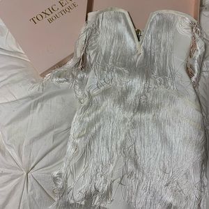 “Linda” tassel off the shoulder lace dress - white